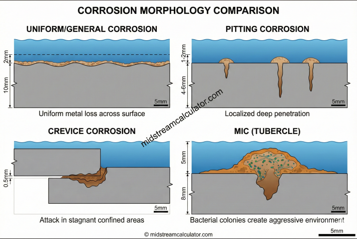 Comparison of corrosion types: uniform, pitting, crevice, and MIC tubercle formation